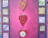 Three Hearts- An original mixed media wall hanging