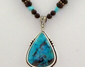 Artisan Handcrafted Chrysocolla Sterling Silver Metalwork Pendant/Necklace with Natural Stone beaded chain