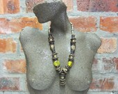 African Beaded Necklace, Recycled Handmade Glass Beads Ethnic, Handmade, Chunky, Wooden Beads, Aged Metallized Beads