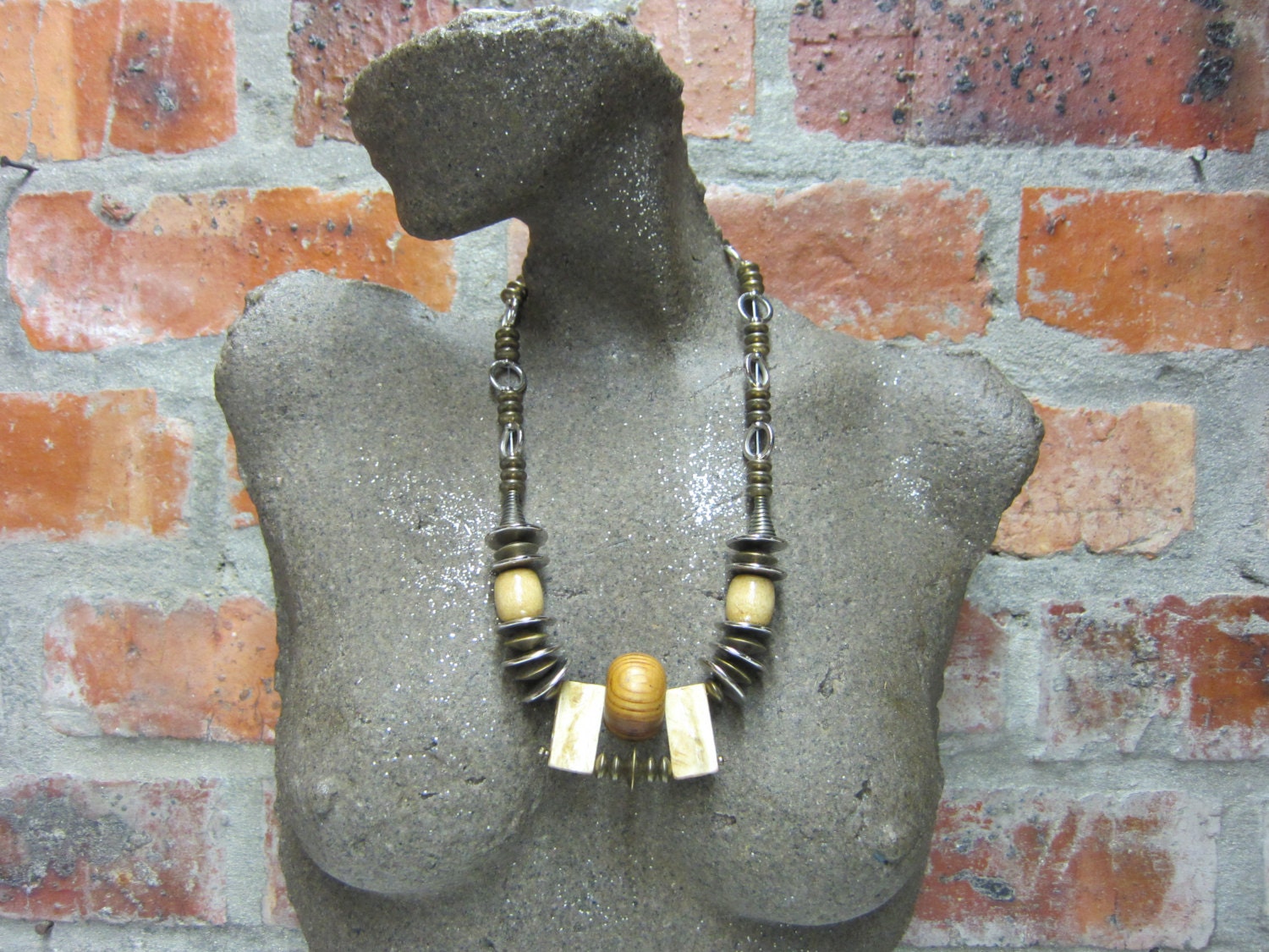 African Inspired Beaded Necklace -  using Bone Beads,Wood Beads, Chunky, African Ethnic Tribal Beads