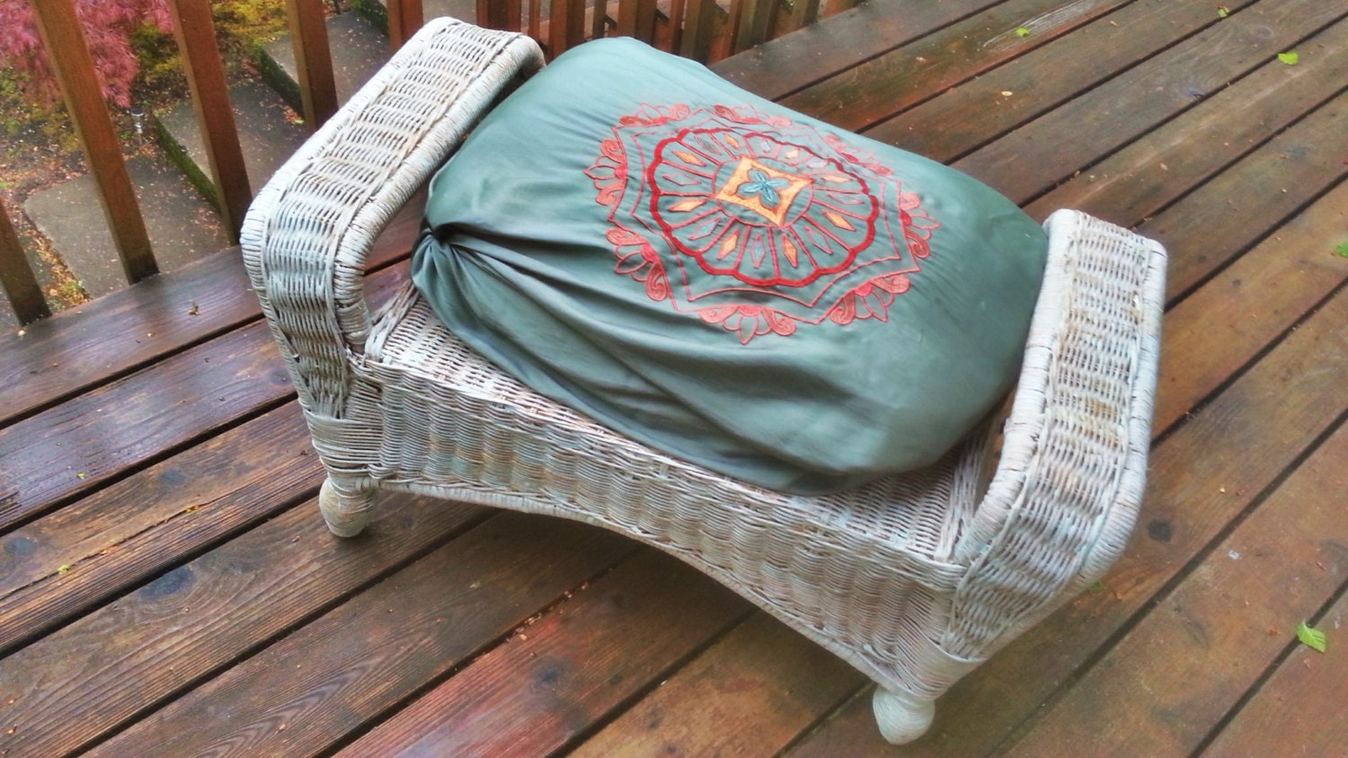 wicker meditation bench, patina and metallic distressed hand painted and finished, zen ottoman, retro, one of a kind