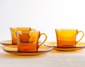 Vintage French Orange Glass Teacup / Coffee Cups with Saucers. Set of 3 Mid Century Retro Kitchen Serving and Home Decor