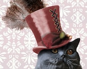 Grey Cat Top Hat 14x11 Art Print Digital Art Illustration Mixed Media Original Print Cat Print Wall Decor Wall hanging home decor