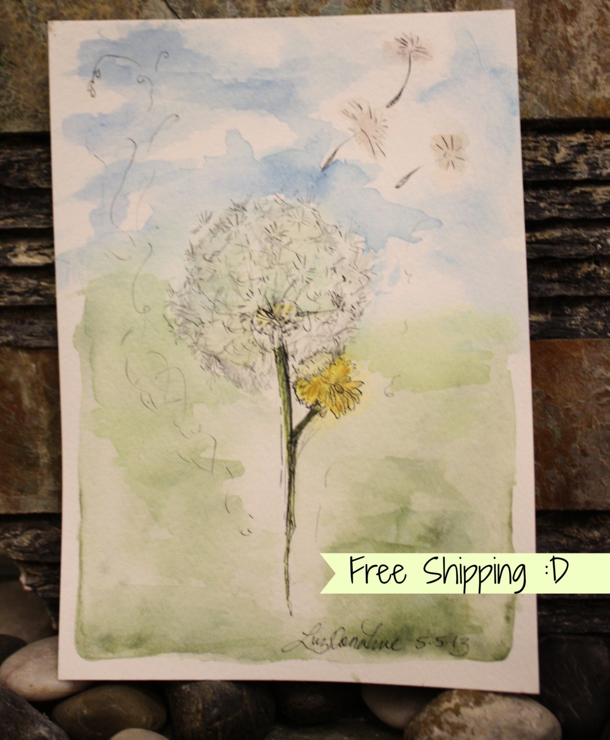 Soft Dandelion Ink and Watercolor Floral Painting (Blue and Green) VIDEO in Description