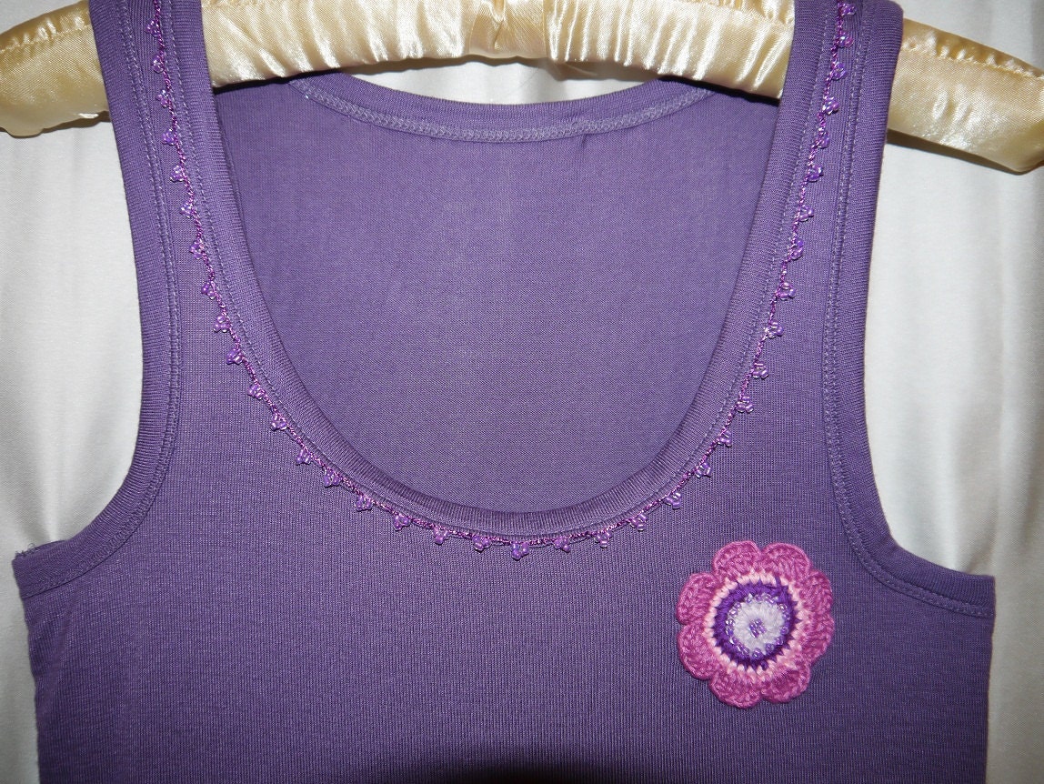 Ladies, Mauve Cotton Singlet, Tank, Tops, Crochet, Flower, Applique - Beaded Top