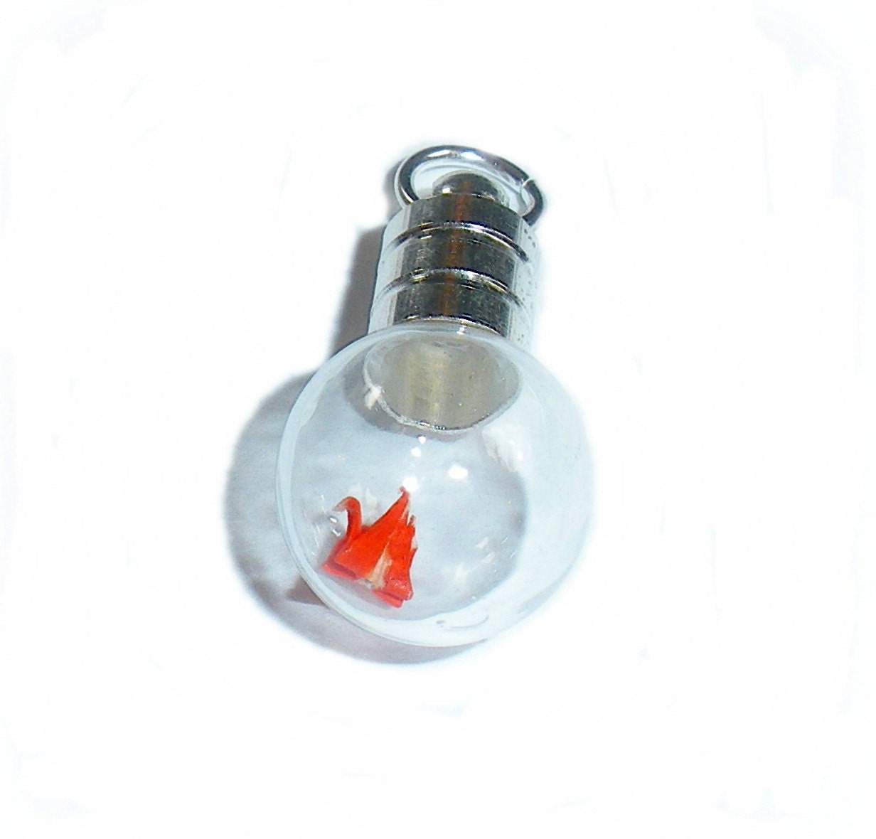 Miniature Orange Origami Crane Pendant - Round Glass Vial