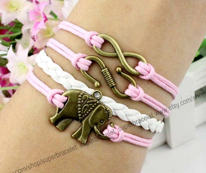 Elephants bracelet, bracelet S letters, infinity bracelets, bracelet bronze, white, pink leather rope, girlfriend and BFF