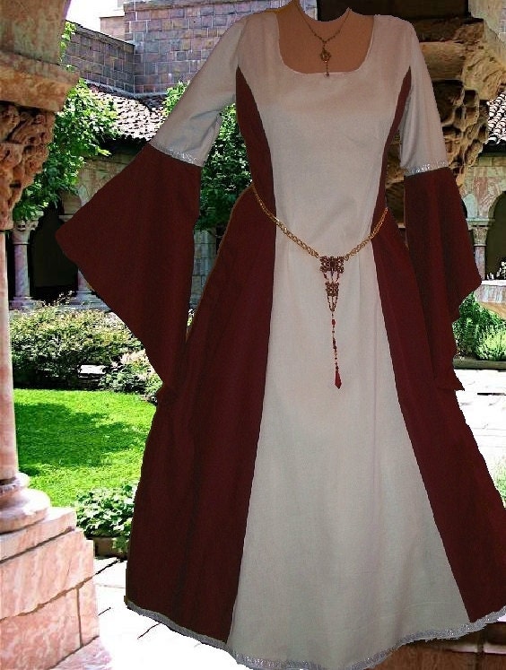 Medieval Gown Renaissance LOTR SCA Garb Costume Wine White Particolor 1pc LXL
