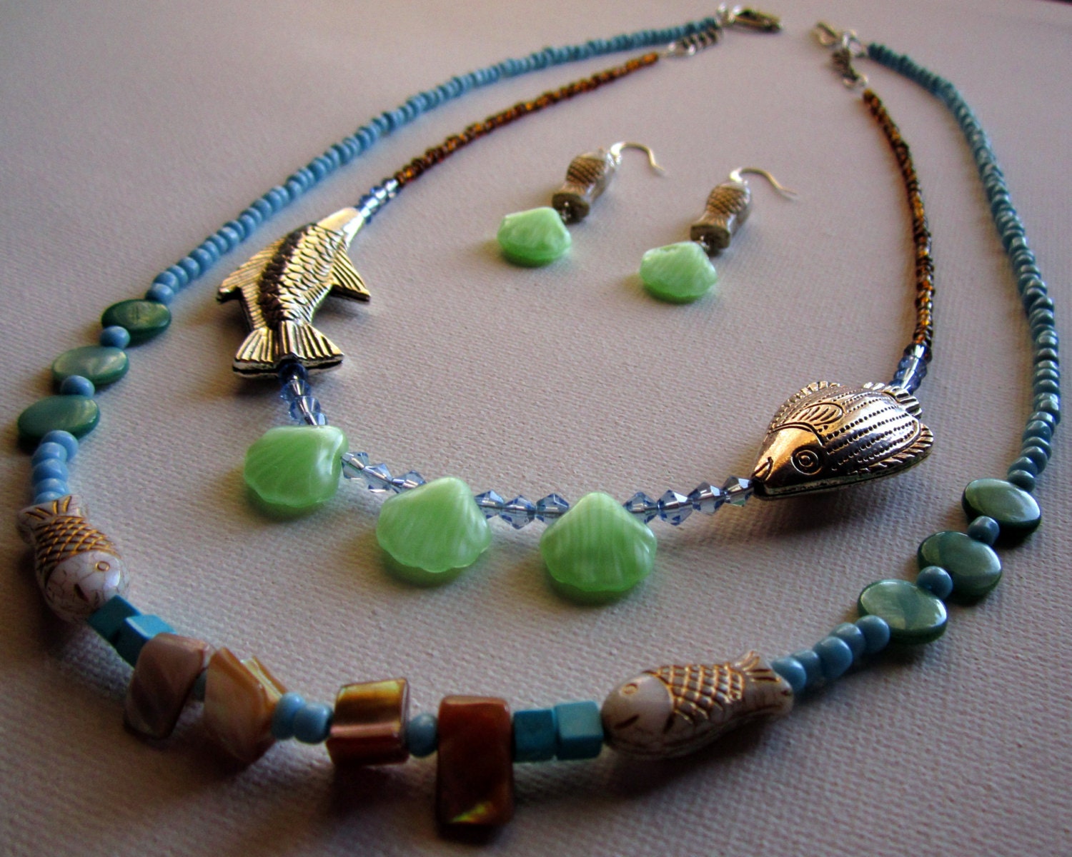 Beach Necklace and Earring Set with fun fish and shells