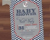 Baby Shower Invitation - Chevron Nautical Theme - Whimsical Vintage Retro, Red, Navy, Blue, Grey, Anchor - Girl, Boy, Twins - Printable