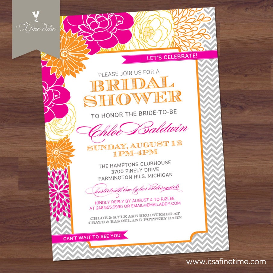Bridal Shower Invitation - Modern Chevron Floral - Vintage Typography - Pink, Orange, Yellow (DIY Digital Printable)