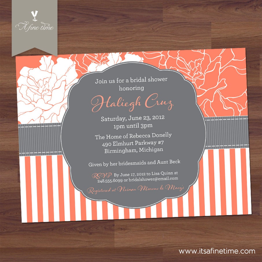 Bridal Shower Invitation or Baby Shower - Preppy Stripe or Chevron Modern Blossom - Grey and Coral, Pink- striped, floral (DIY Printable)