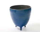 Blue and Gray Striped Vase/Bowl With 3 Little Legs - POTLEGS - Handmade Wheel-Thrown Ceramic Pottery