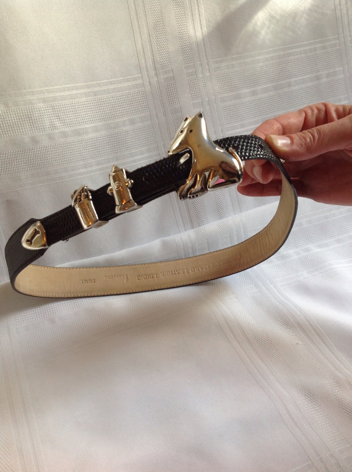 Whimsical Anni & Company Genuine Black Lizard and Leather Sterling Silver Dog Vintage Belt