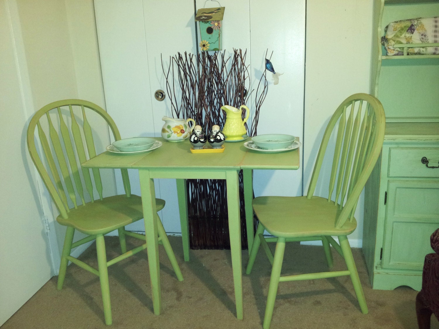 SALE 50.00 OFF Shabby Chic Drop Leaf  Vintage Table and 2 Chairs. /furniture/cottage/upcycle/distressed/eco/country/farm/vintage/wood