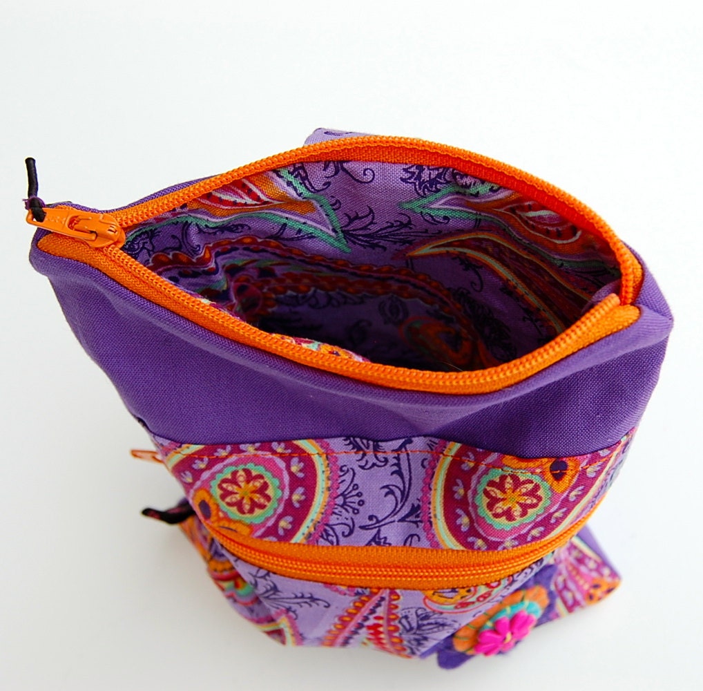 Handmade Purple and Orange Paisley Double Zipper Lined Pouch w/ Swivel hook