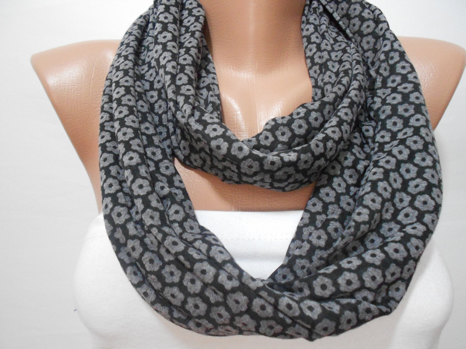 Infinity Floral Scarf Shawl, Gray Flower Pattern Loop Scarf, Black Tube Women Scarf, Mothers Day Scarf Gift, For Her, ScarfClub