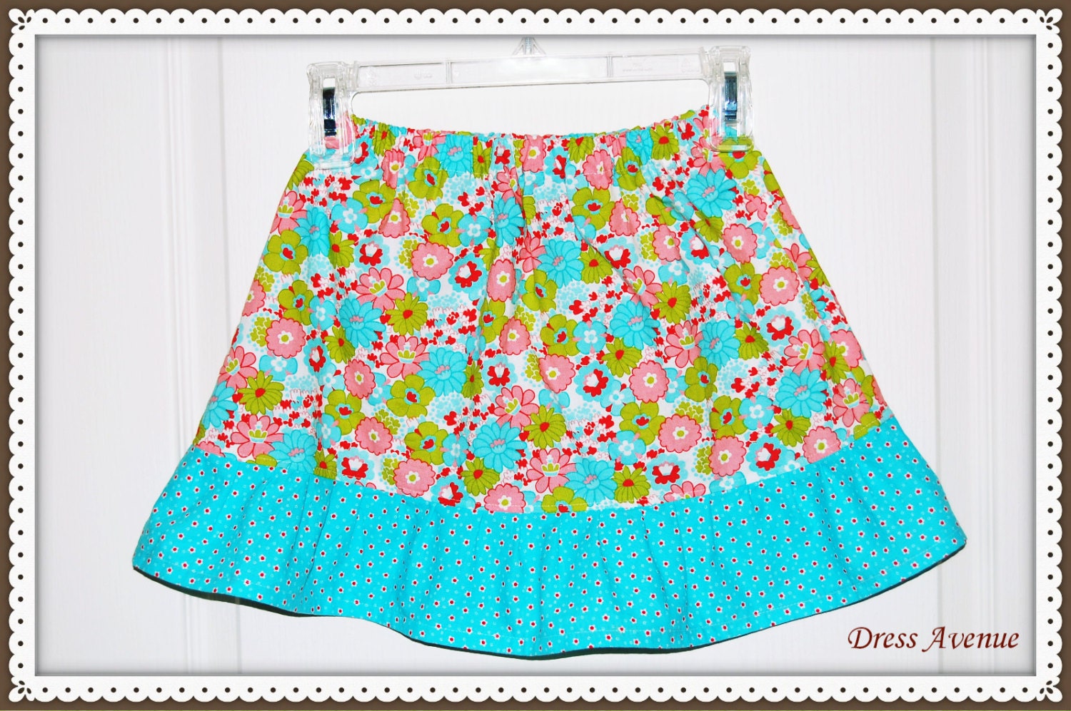 CUTE Girls Custom Cotton Floral Twirl Skirt w/ Ruffle -  Aqua blue, Pink, Green - Size 1, 2, 3, 4, 5, 6, 7, 8 - Great for spring, summer.
