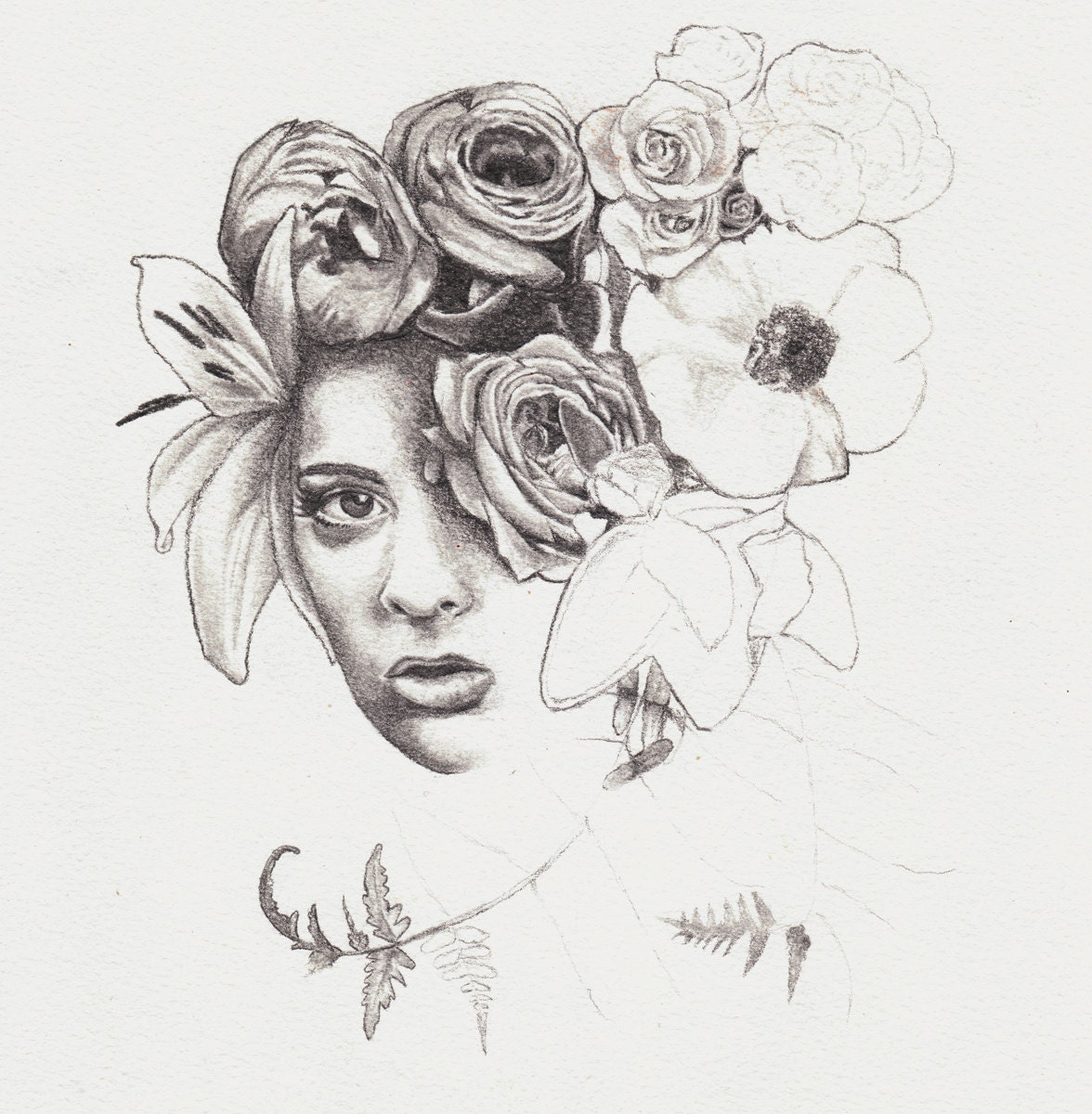 Infinite Spring - 8" x 8" Print - Illustration - Pencil Drawing - Garden - Portrait - Flowers - Floral - Pop Surrealism