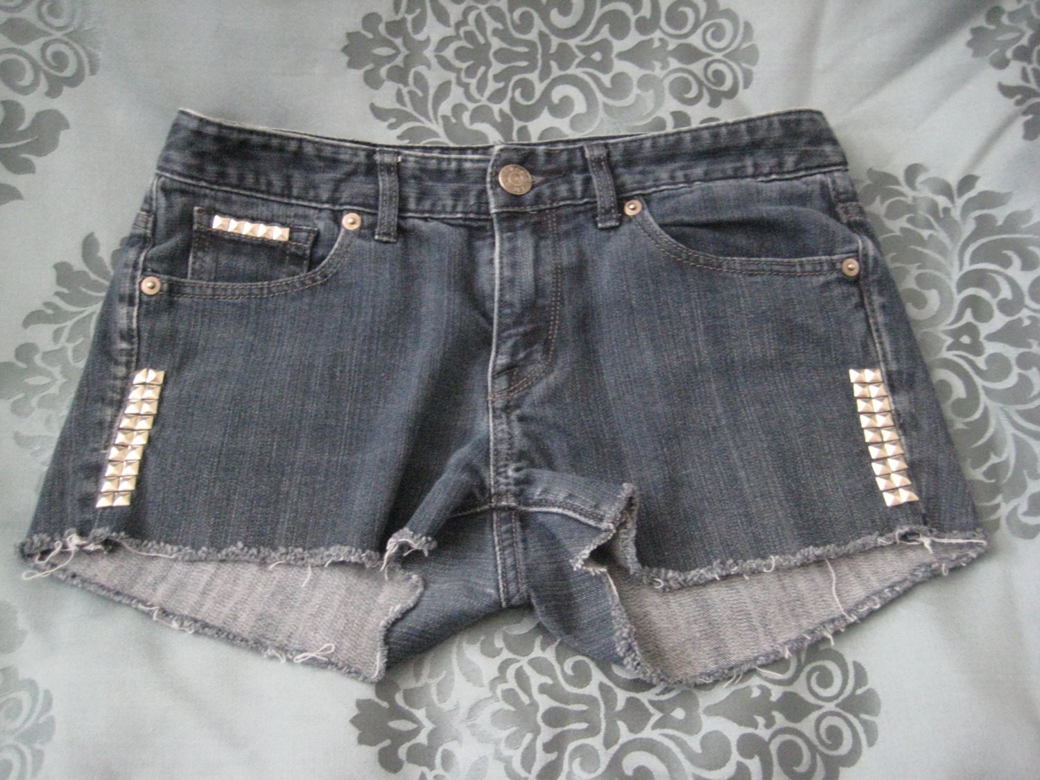 Silver Studded Recycled Custom Handmade Denim Shorts Size 4