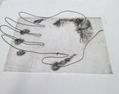 Handprint, black and white print, also with 3D wire hand