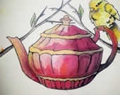 Teapot w/ Bird Watercolor Print 8" x 11"
