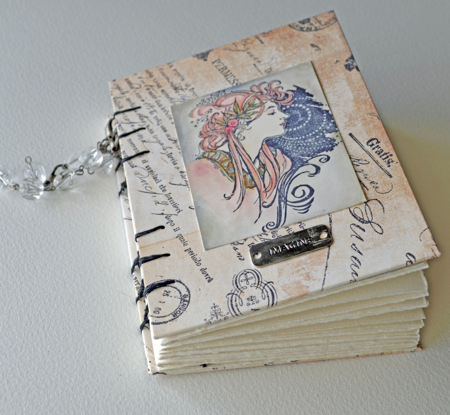 Blank Journal - 4x6" - Shabby Chic with Art Neuveau Image - Coptic Stitch