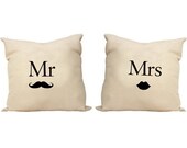 Mr& mrs set of two pillows/cushion covers, with mustache and lips. great for original  Engagement/wedding/ anniversary gift.