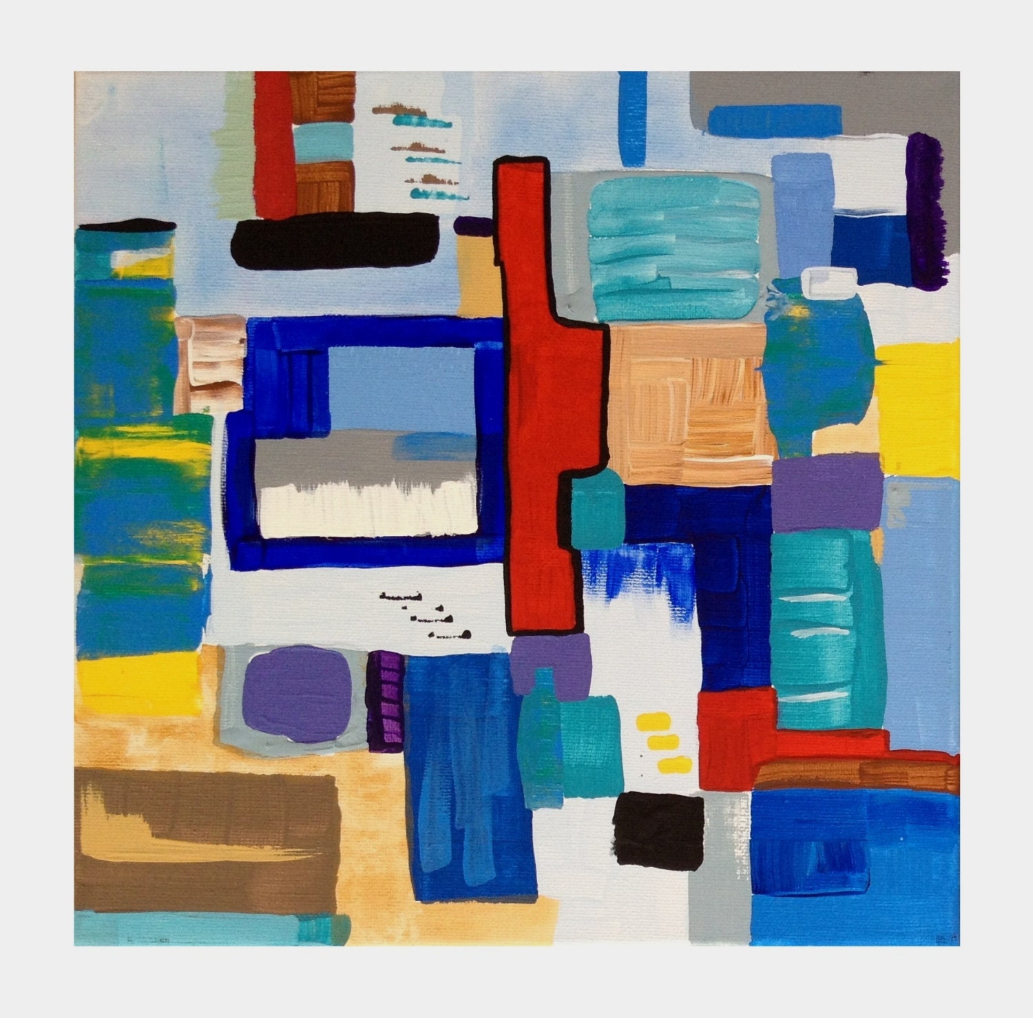 Original art abstract painting 12X12 bright blue red colorful wall decor FREE SHIPPING