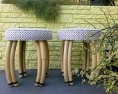 Pair 1970's of Bamboo Wood Stools with Brass Detail on legs