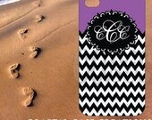 Apple iPhone 4 4G 4S 5G Hard Plastic or Rubber Cell Phone Case Cover Original Chevron White Black & Purple Monogram Design