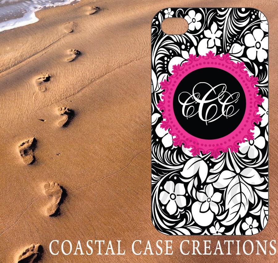 Apple iPhone 4 4G 4S 5G Hard Plastic or Rubber Cell Phone Case Cover Original Black & White Floral Hot Pink Monogram Design