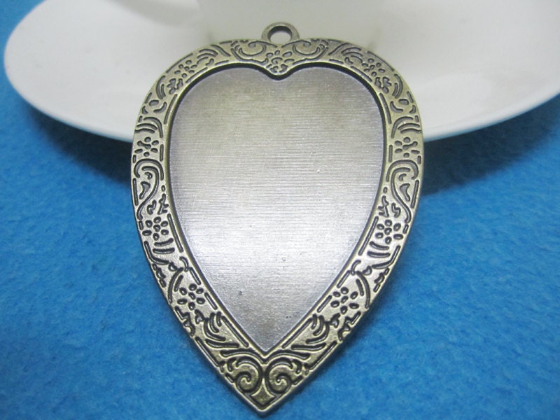 3pc antique bronze 63mmx45mm heart filligree cabochon base