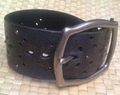 Beautiful Hip Black Leather Etched Cuff Bracelet - Made from Recycled Vintage Belt