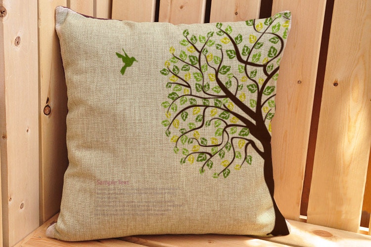 Linen pillow tree Housewares Tree Pillow  bird Pillow cover Nature Cushion cover brown Home Decor Throw pillow Decorative pillow