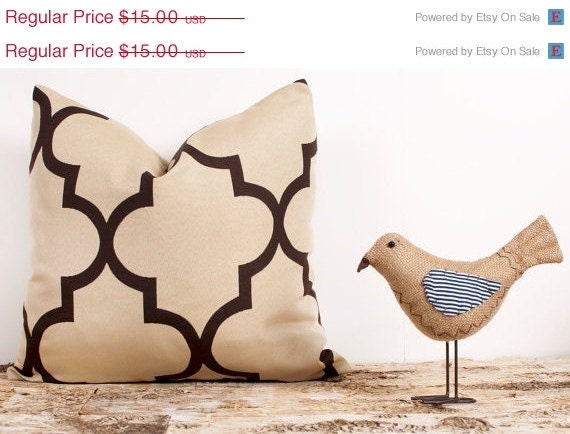 SPRING SALE Tan Pillow Cover. 16x16 inch. Brown Quatrefoil Cover. Pillows. Home Decor Accents. Accessories. Gold.  Stripes. Quatrefoil.