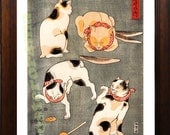 Four Cats in different poses art by Utagawa Kuniyosh POSTER 12 x 18 large Japanese ukiyo-e reproduction print