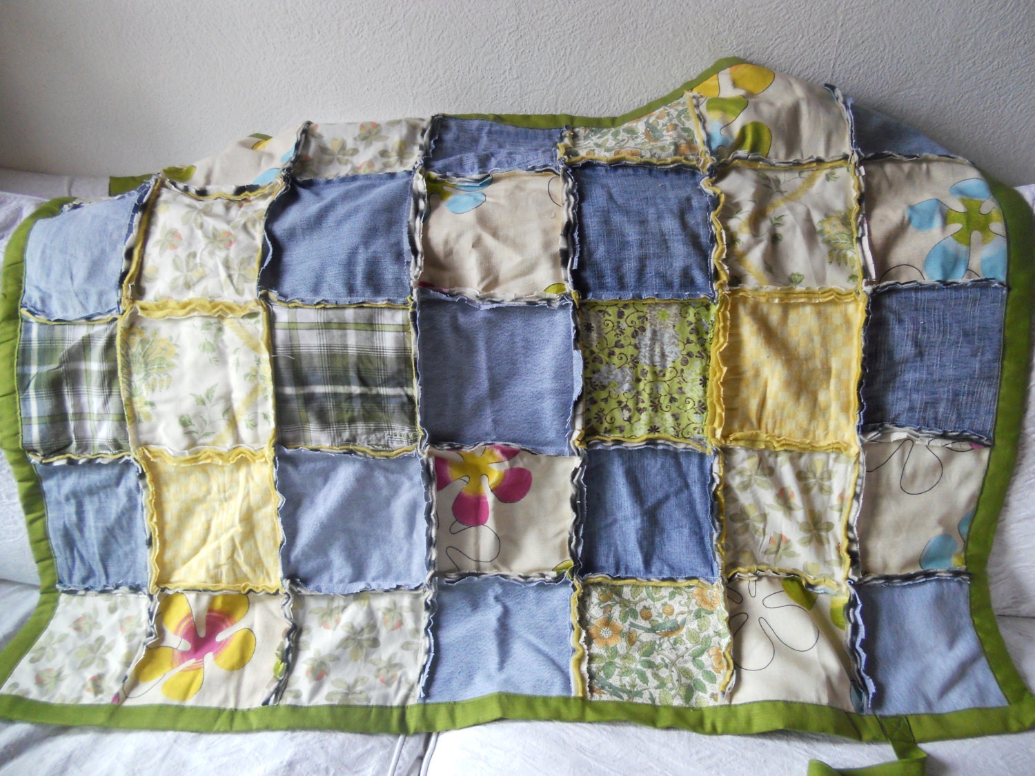 picnic blanket /rag quilt in lovely soft blue and greens