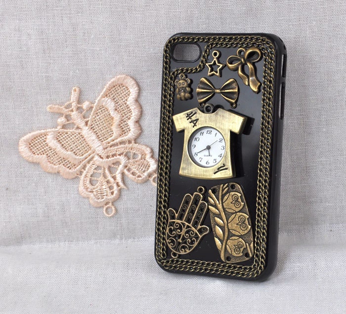 handmade black cell phone case for iphone 5 or 4 4s or ipod touch 4 5 hard cover with bronze Clothes clock and chain