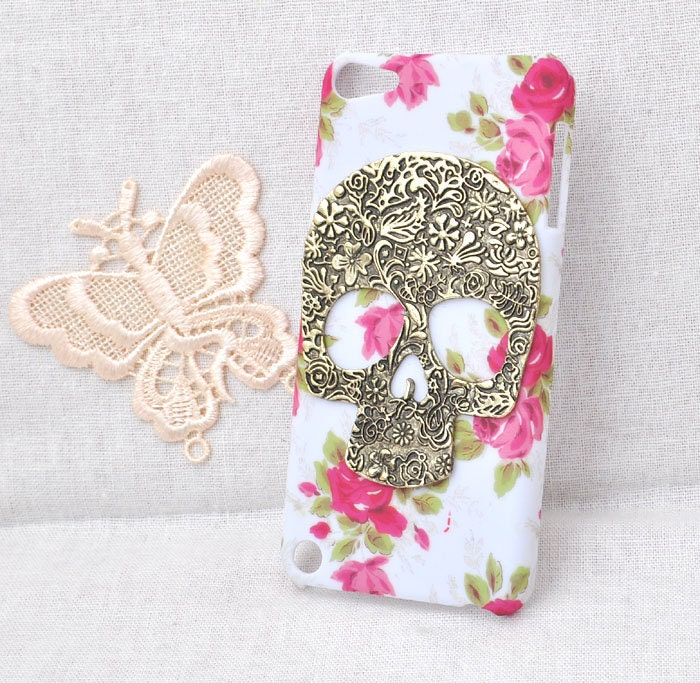 rose flower  hard case for apple iphone 4s or 5 ipod touch 5  Protective cover handmade with bronze skull / ghost