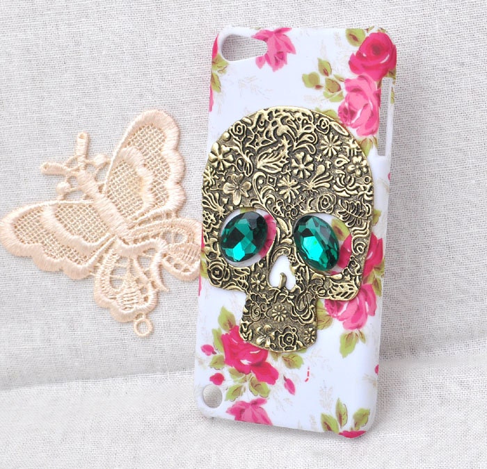 rose flower case for apple ipod touch 5 iphone 4S or 5 Protective cover handmade with bronze bling crystal gems eyes skull / ghost