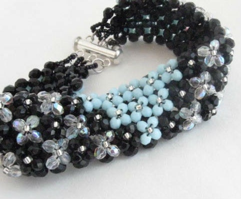 Teal and Black Art Deco Crystal Cuff Bracelet 8 inch Plus Size Jewelry