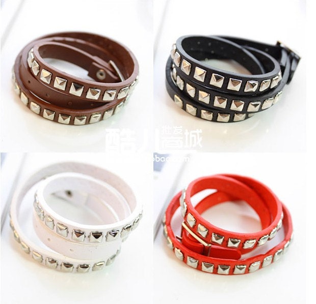 Fashion Handmade DIY Pyramid Studs Rivet Spike Nickel Punk Leather Bracelet Bangle Style 2