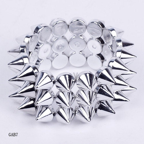 3 Rows Gothic Punk Rock Studs Spike Rivets Shaped Stretch Bracelet Bangle Cuffs Silver Tone