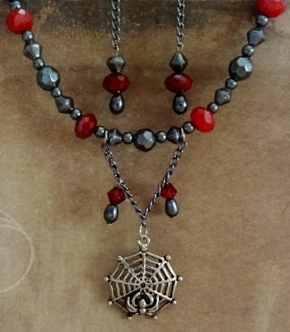 Gothic Blood Red and Metallic Beaded Necklace with Spider Web Pendant and Matching Earrings.Free Shipping.