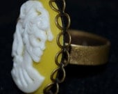Unique Yellow & White Skeleton/Skull Cabochon/Cameo adjustable ring (steampunk, gothic, alternative, indie, vintage, retro)