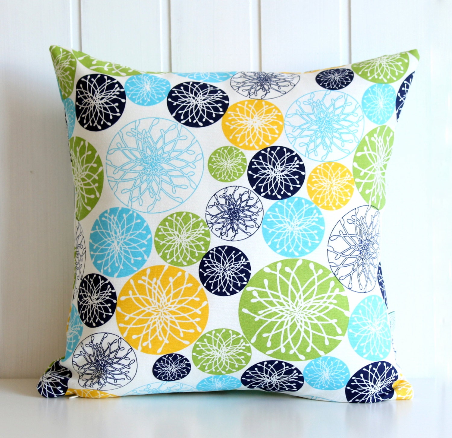Geometric Circles Decorative Pillow Cover - Navy Aqua Green Yellow White - Home - 16" x16" - living room -  Spring Summer Home Decor