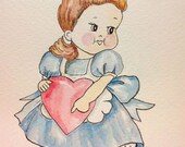 Watercolor Valentine Girl with Heart -  Digital Prints Scrapbooking Stamps
