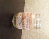 Burlap, Lace and Twine Pint Mason Jar Candle Holder or Vase. Rustic wedding decor.