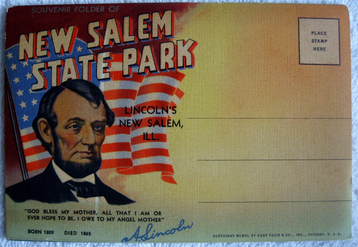 1940 Curt Teich Linen Fold-Out Postcard Abraham Lincoln New Salem, IL 18 Pictures